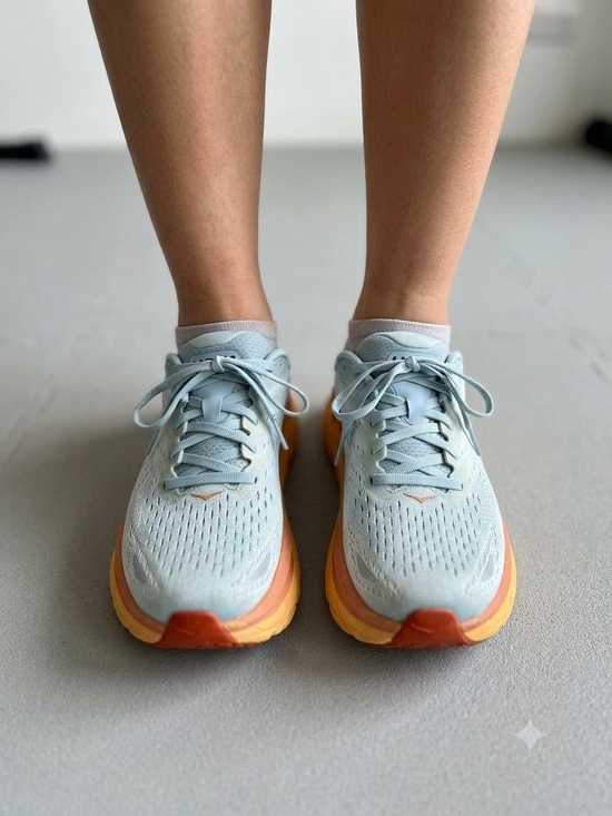 Hoka One One Shoes - Hoka One One Women's Light Blue Running Shoes with Orange Accents